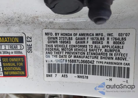 2007 Honda Civic Ex z USA, uszkodzony, nr VIN 1HGFA16887L066042